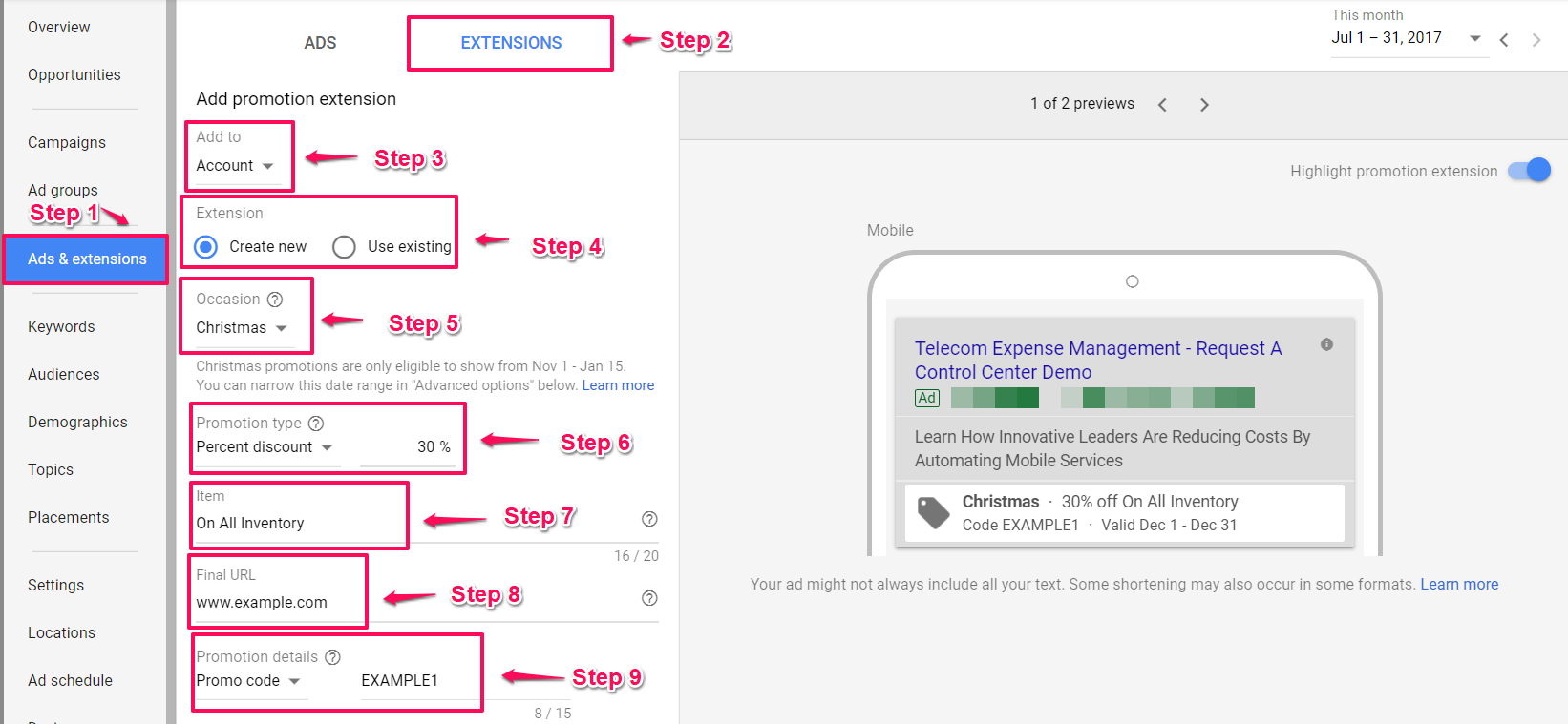 setting up promotion extensions