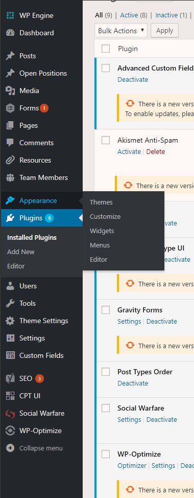 the wordpress backend side menu